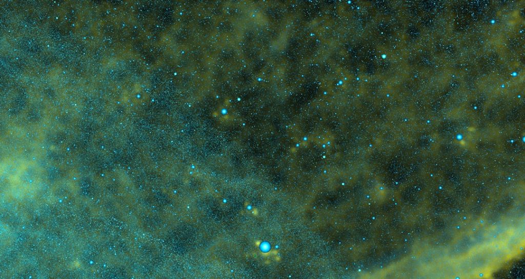 ハッブルが赤い星雲で白青の新星を観測